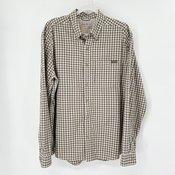 Eddie Bauer Travex Departure Check Plaid Button Up Shirt Sz‎ L Men's Brown Mesh - Picture 1 of 9